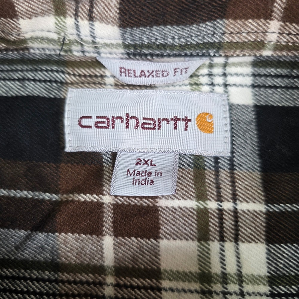 Carhartt Mens 2XL Relaxed Fit Brown Black Plaid Flannel Shirt Long Sleeve Pocket - Picture 2 of 9
